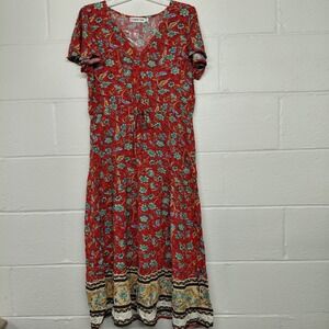 Temofon Womens Red Floral V-neckline Dress Size Medium Light Resort Holiday Chic